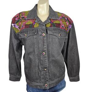 Vtg 90s I.B. Diffusion Black Denim Jacket 10 Beaded Sequins Rock Eclectic Art